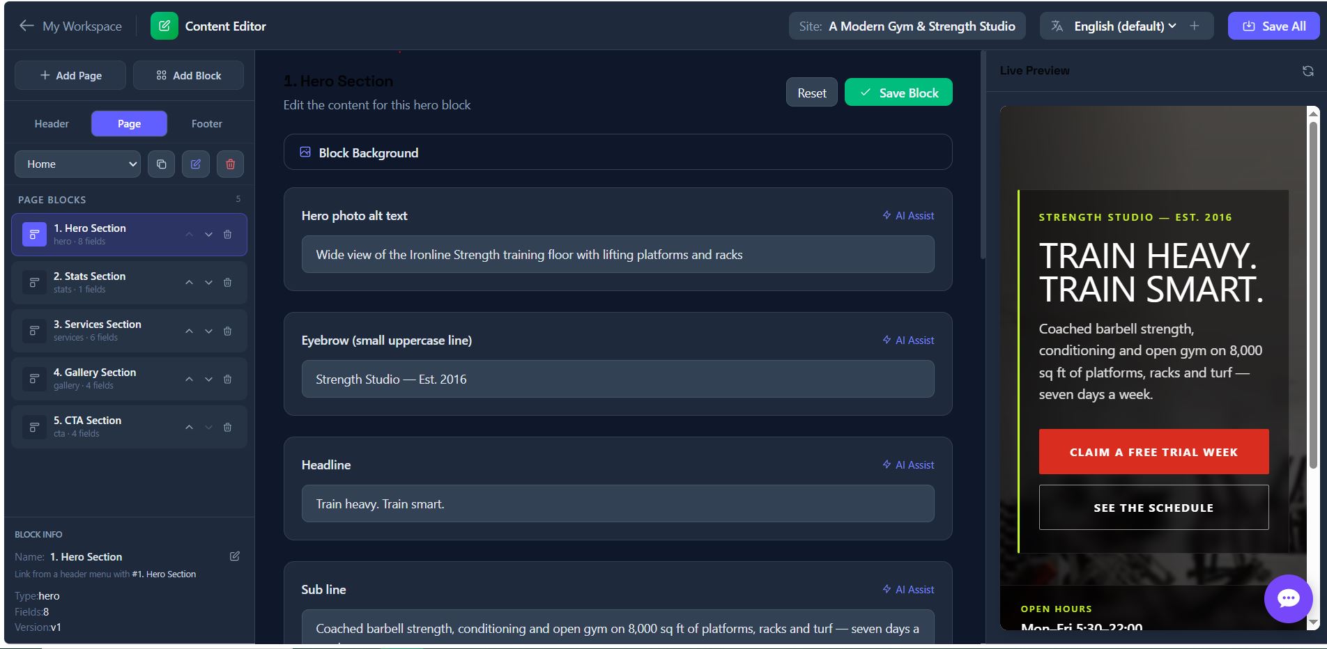 Content CMS in AI Page Up showing editable fields for a page section