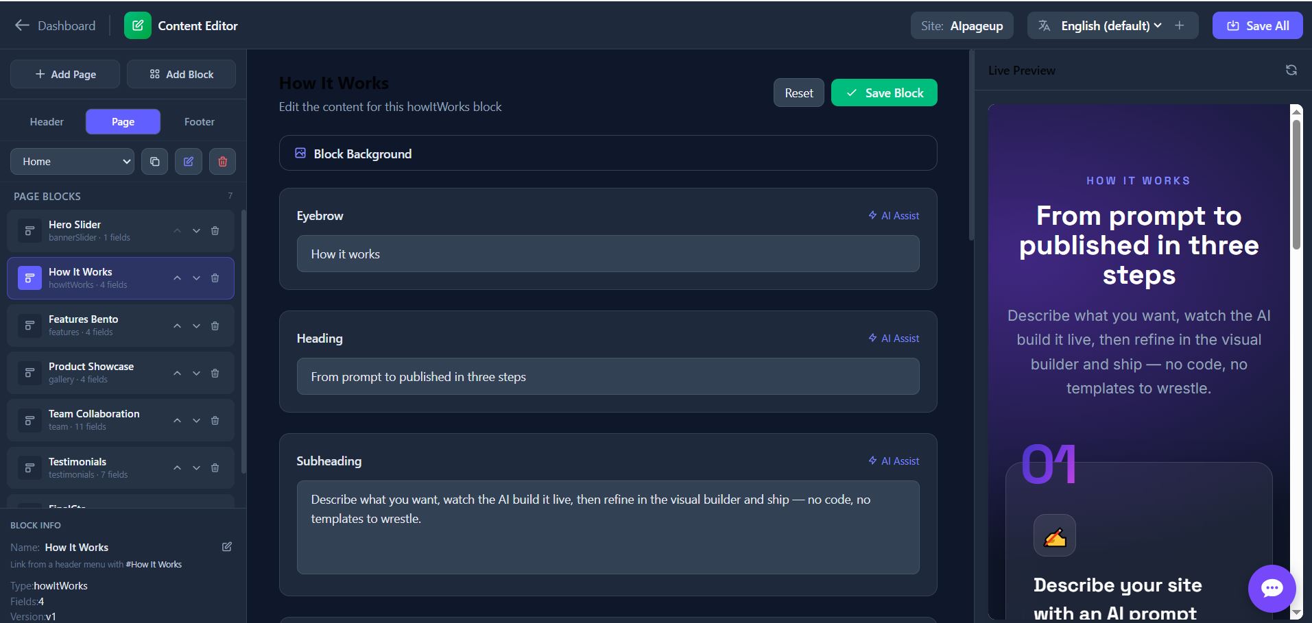 AI Page Up visual builder with a section selected for editing