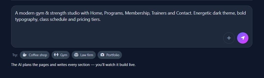 AI Page Up prompt box with a short site description typed into it