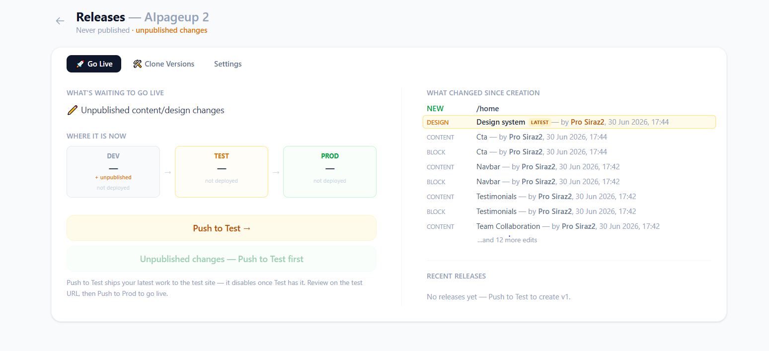 Environment switcher in AI Page Up showing DEV, TEST and PROD
