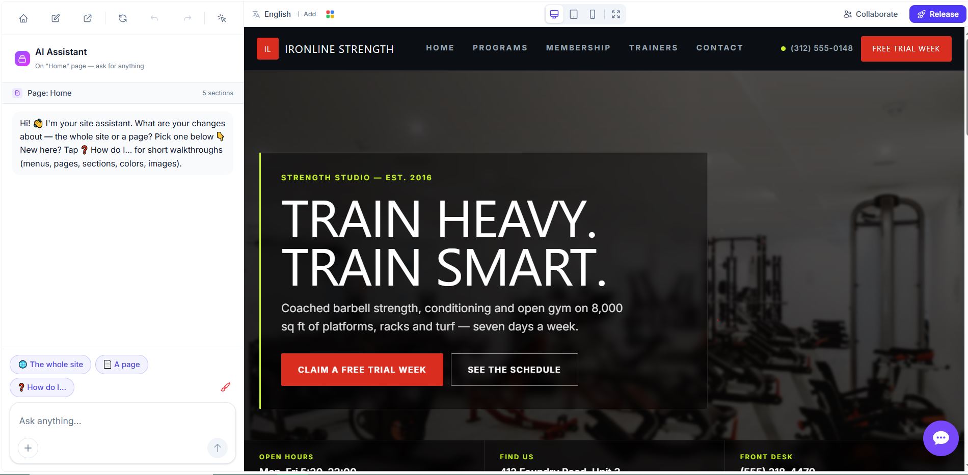 AI Page Up visual builder with a page canvas and an element toolbar